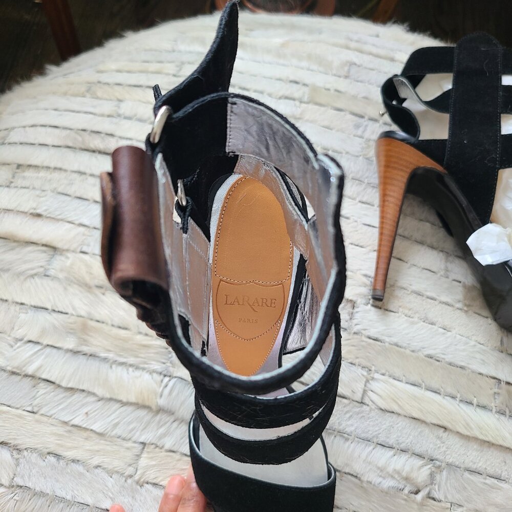 Braided Strap Black and Brown Suede High Heel Sandals - Picture 5 of 11